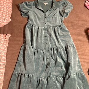 Button-Front Tiered Dress in Dusty Teal